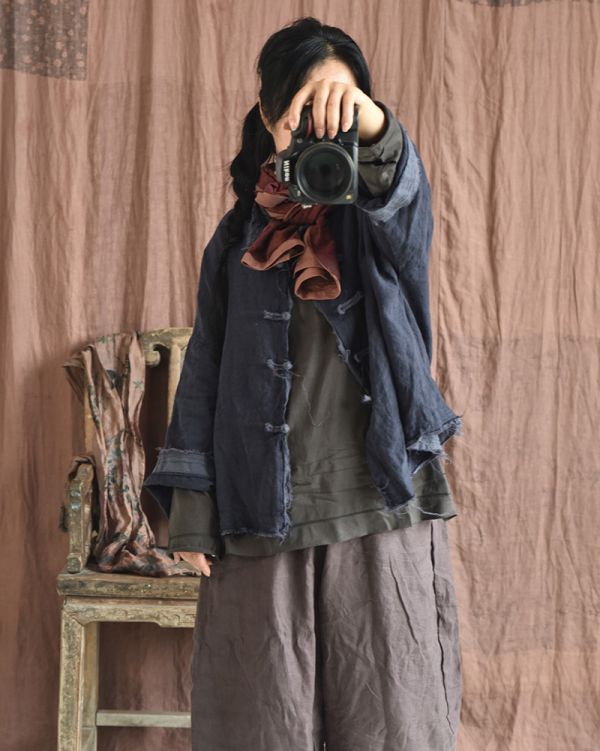 燕燕~亞麻 做舊毛邊上衣  撞色寬鬆盤扣女式短款開衫外套 