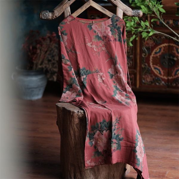 燕燕~棉麻商品~復古紅花側高側抽繩長袍上衣 連身裙。ab151001 