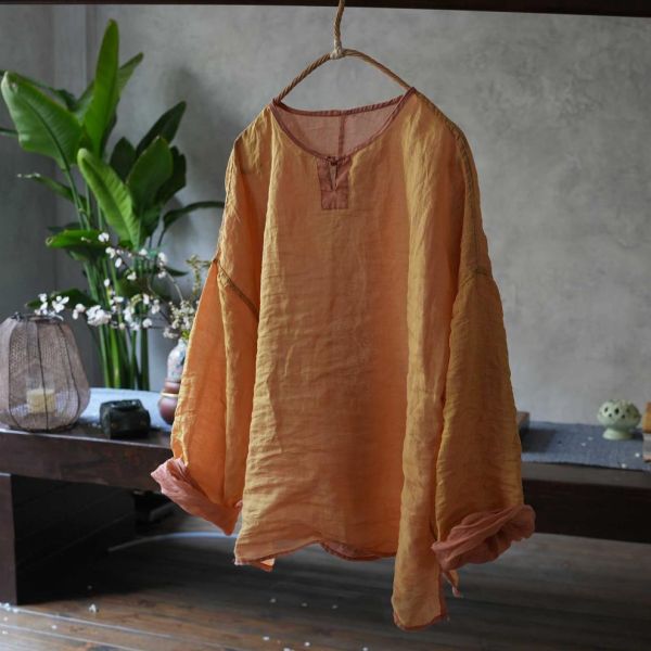 燕燕~四季款 雙色苧麻 雙面穿 盤扣長袖女襯衫 文藝復古圓領上衣 