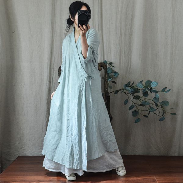 燕燕~棉麻商品~苧麻材質 交領繫帶漢服瑜伽服禪服長款外套 可當洋裝 連身裙 