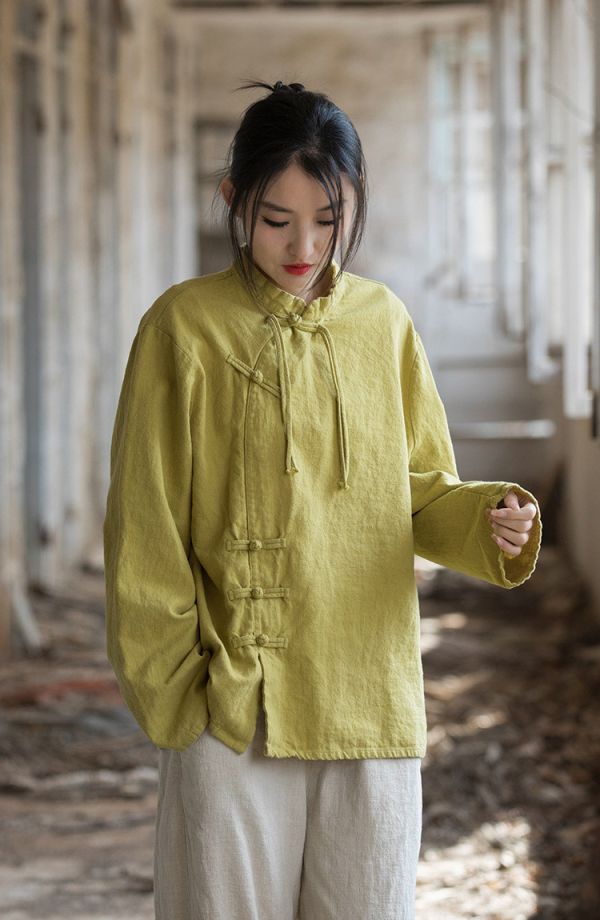 燕燕~莧麻棉 手工盤扣砂洗改良上衣 文藝範女式長袖T恤 