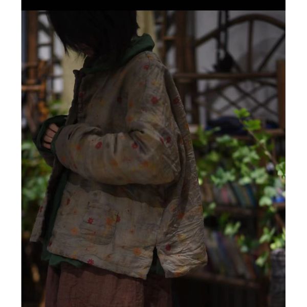 燕燕~秋冬新款  藝術印花中式莧麻開襟衫  棉服上衣 外套 