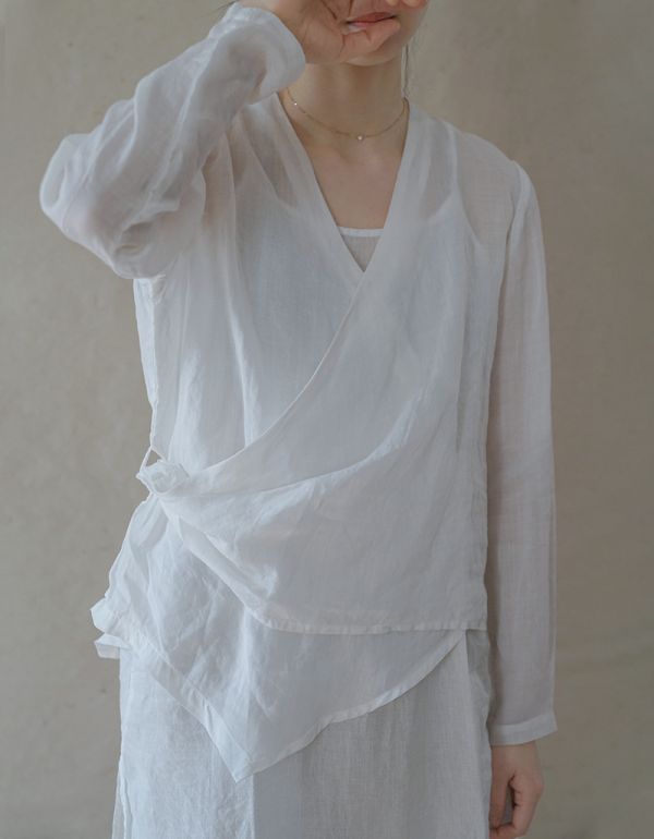 燕燕~細苧麻材質 薄透斜襟襯衫 文藝長袖棉麻衫 茶服上衣防曬衣 ab2103701 