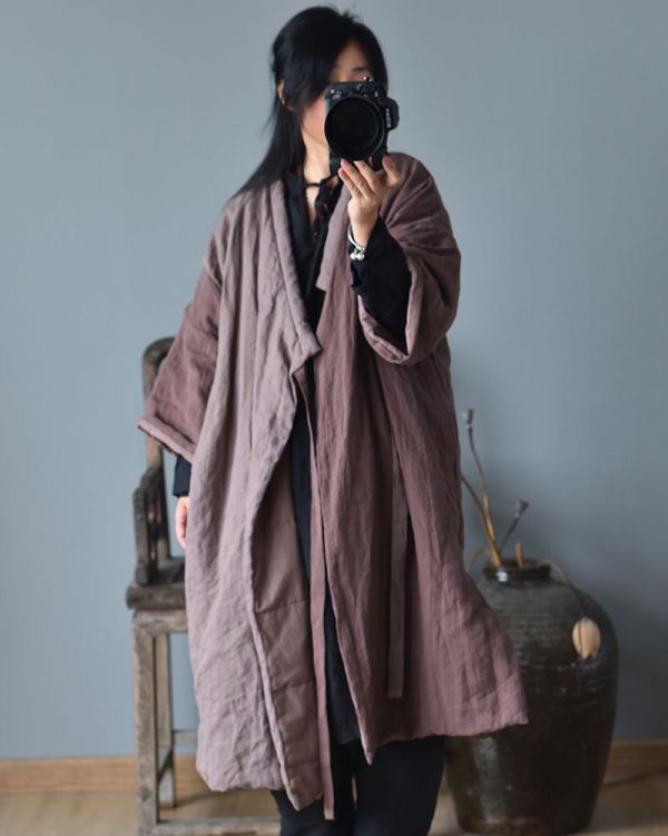 燕燕~拼色設計 亞麻夾棉寬鬆斜襟開衫棉衣外套 長大衣 