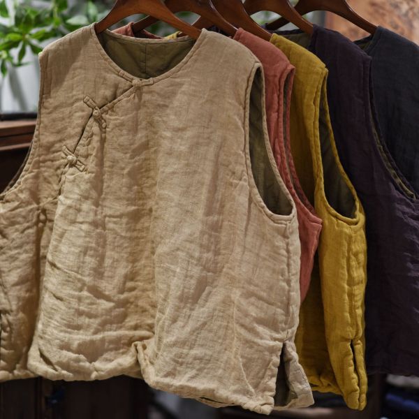 燕燕~秋款 復古偏襟盤扣雙層夾棉套頭棉背心 ab25401 