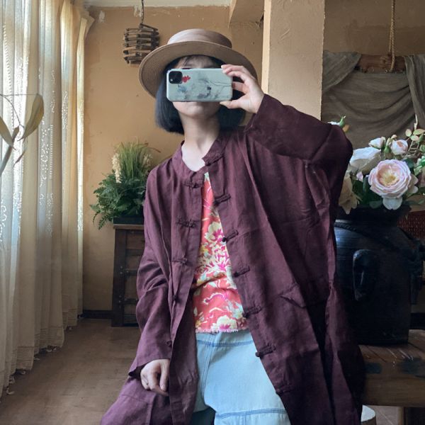 燕燕~秋冬新款 苧麻  寬鬆不對稱口袋長外套襯衫 上衣 外套。ab143501 