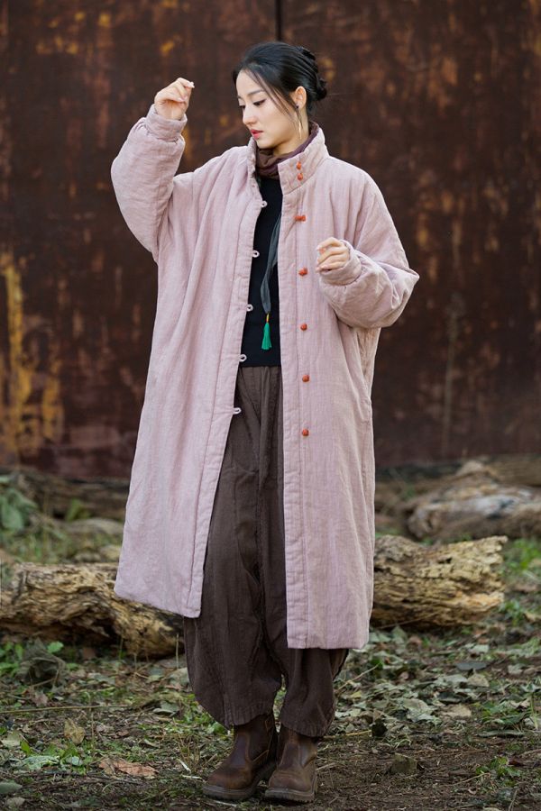 燕燕~冬季新款 寬鬆復古砂洗盤扣長棉服夾棉保暖棉衣外套 長大衣 
