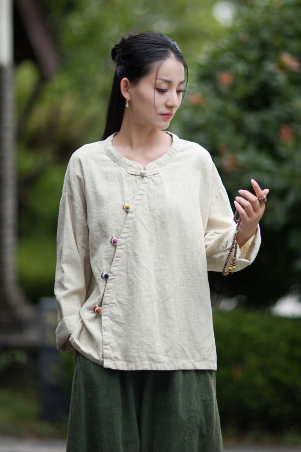 燕燕~秋季新款 禪意茶服苧麻長袖襯衫 復古斜襟盤扣上衣 