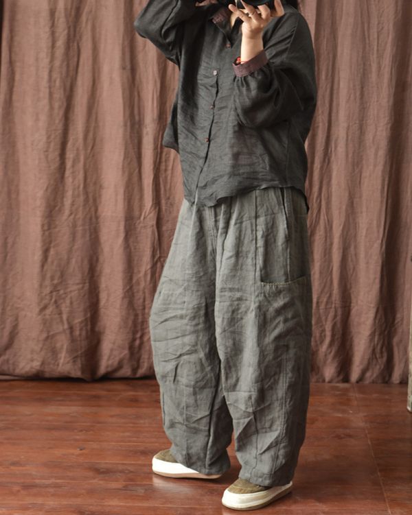 燕燕~春秋夏款 手工縫線工裝 亞麻寬鬆闊腿長褲 休閒褲 