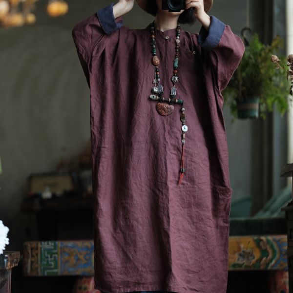 燕燕~水洗麻~撞色手繡寬鬆大袍洋裝 連身裙。ab149101 