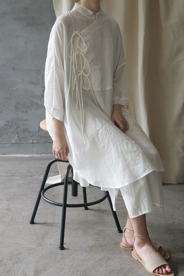 燕燕~棉麻商品~日系森林系  立領繫帶襯衫連身裙  1-19199 