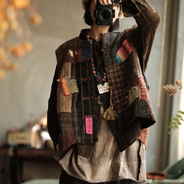 燕燕~秋冬新款 復古文藝純手工老布拼貼小眾氛圍夾棉背心 ab226301 