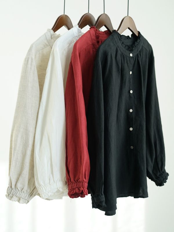 燕燕~秋冬款 天然亞麻法式小高領襯衫田園生活復古溫柔兩穿上衣 ab2533001 