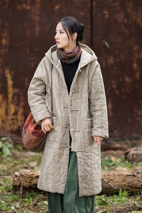 燕燕～苧麻 菱格絎縫棉服加厚保暖長款棉衣外套 