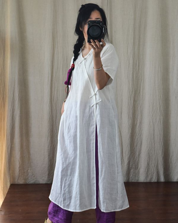 燕燕~苧麻 手工盤扣中國風改良禪意茶服中式復古文藝寬鬆長洋裝 連身裙 