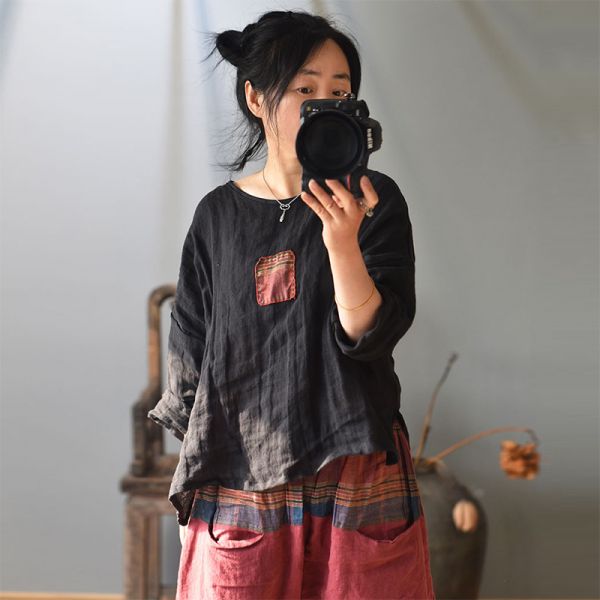 燕燕～～寬鬆款式～～亞麻九分袖上衣 盤扣襯衫T恤 