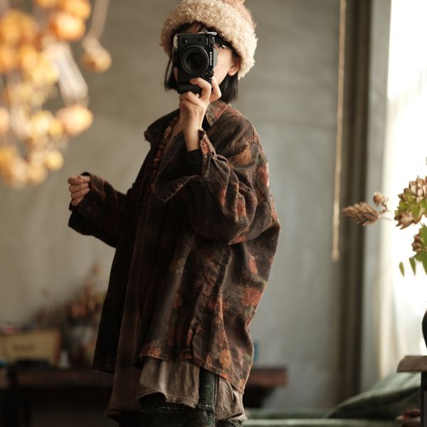 燕燕~秋冬新款 文藝復古雙層寬鬆翻領拼接開襟衫襯衫 ab96001 