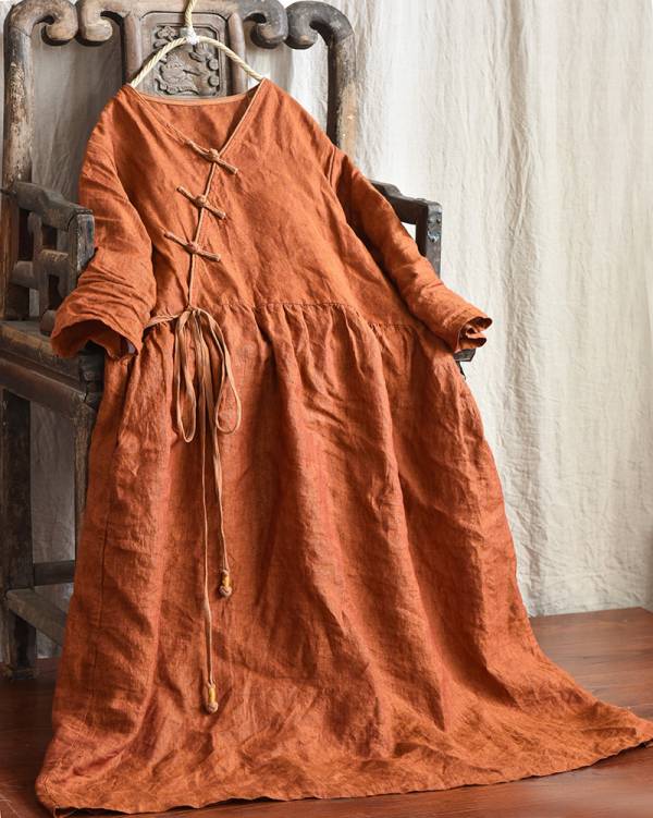 燕燕~棉麻商品~春夏秋新款 色織亞麻V領寬鬆繫帶盤扣洋裝 連身裙 