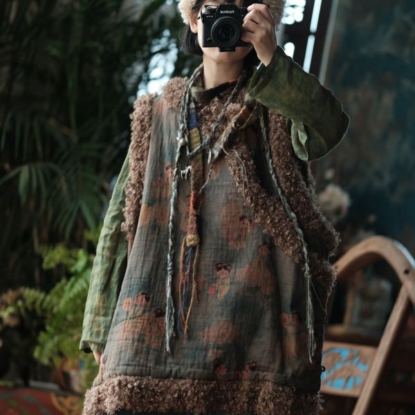 燕燕~秋季新款 復古斜襟盤扣羊捲毛夾棉棉衣棉服背心 外套 ab2224101 (娃娃款） 