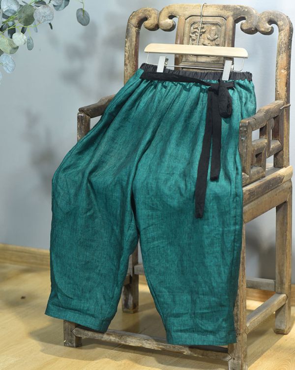 燕燕~春秋新款 色織亞麻寬鬆蘿蔔褲 休閒旅行燈籠褲禪意闊腿褲 