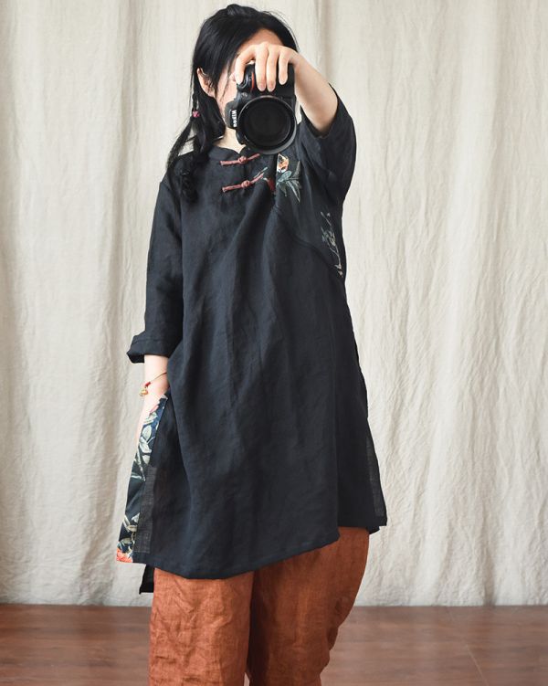 燕燕~棉麻商品 苧麻材質 旗袍款式 復古拼布百搭中長款長版上衣 可當洋裝 連身裙 