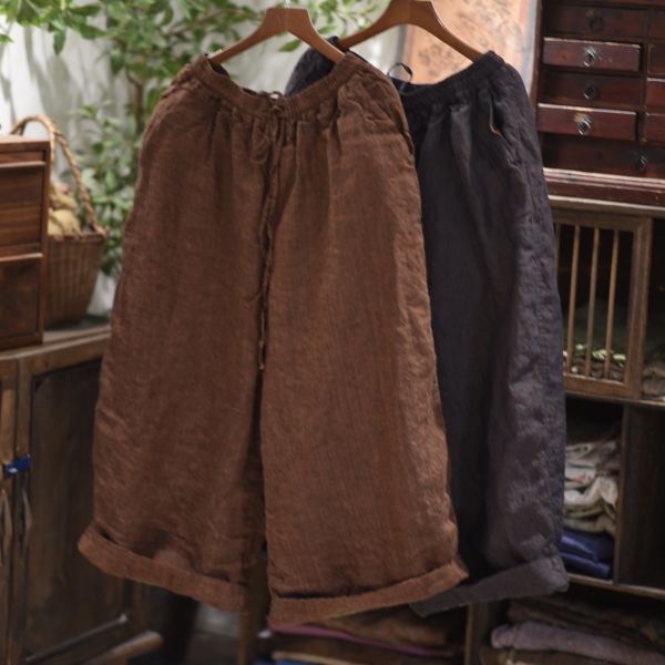 燕燕~色織亞麻雙層夾棉休閒長褲 