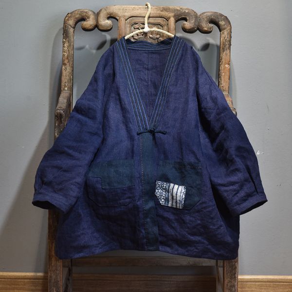 燕燕~棉麻商品~手工繡線 老土布拼接開衫盤扣茶服外套 