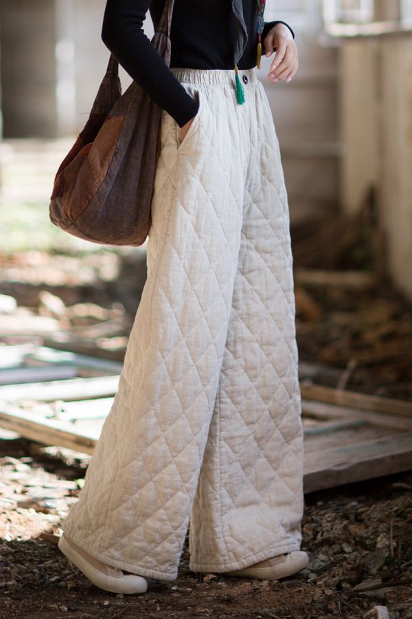 燕燕~冬季新款 苧麻夾棉菱格絎縫長褲  加厚保暖文藝直筒棉褲 