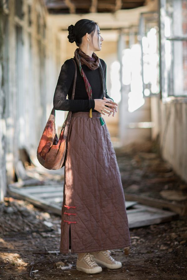 燕燕~秋冬新品    苧麻夾棉 原創設計個性保暖菱格絎縫長裙 