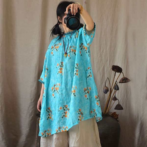 燕燕~棉麻商品 苧麻數碼印花中長款上衣 盤扣撞色荷葉領減齡七分袖棉麻衫 襯衫 