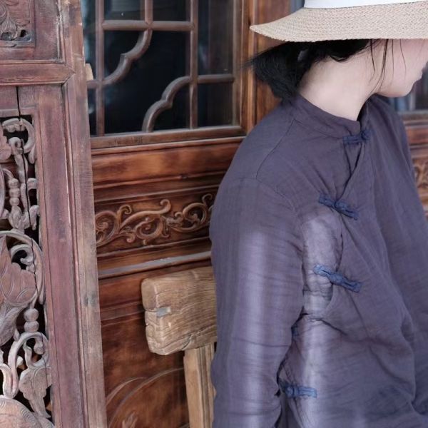 燕燕～～中式盤扣側開襟百搭毛邊上衣小衫  長袖棉麻衫 ab152601 