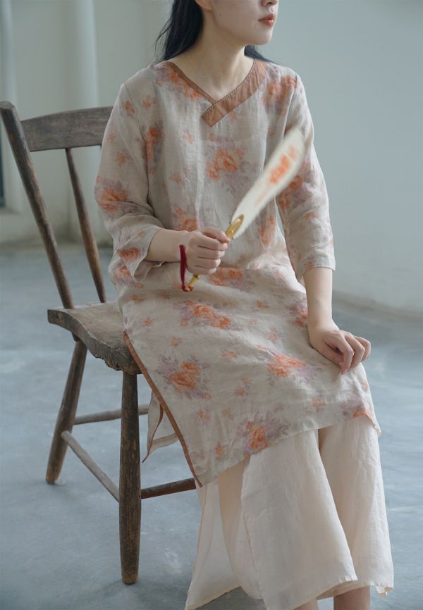 燕燕~苧麻 文藝數碼印花修身 洋裝 連身裙 ab2219501 