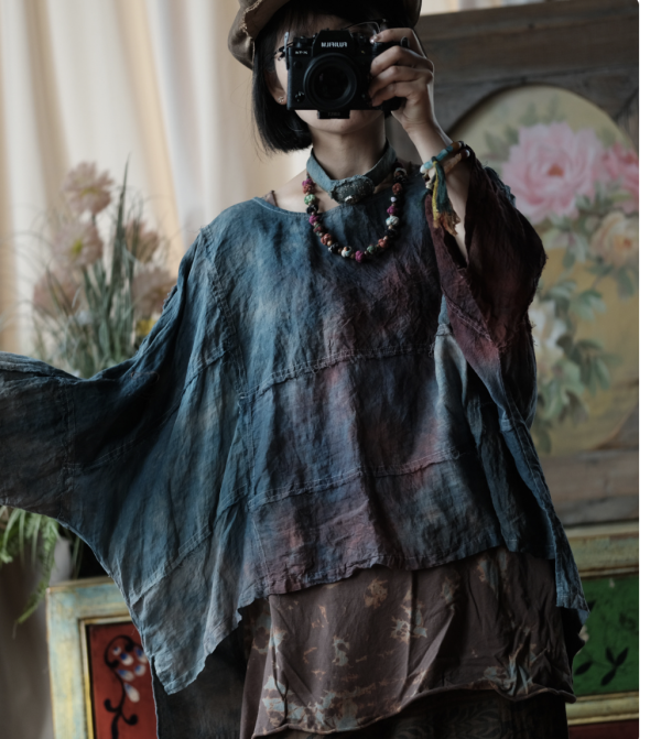 燕燕~輕訂製 植物染毛邊圓領寬鬆小衫 上衣  ab208901 （植物染商品顏色不會一模一樣喔） 