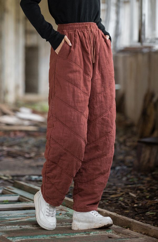 燕燕~冬季新款 苧麻夾棉絎縫炒色褲子 文藝百搭鬆緊腰女式長褲 棉褲 