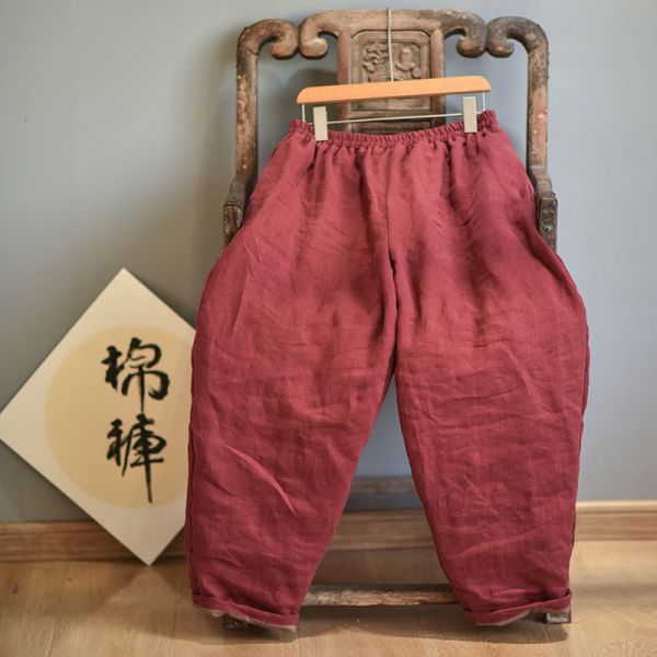 燕燕~棉麻商品~亞麻材質 秋冬款加棉寬鬆休閒闊腿蘿蔔棉褲 保暖長褲 