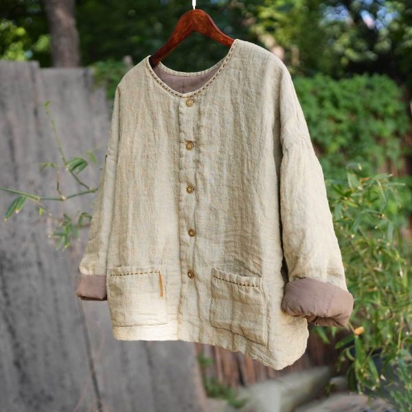 燕燕~色織亞麻 手工縫線小流蘇 大口袋文藝棉衣 棉服棉襖外套 