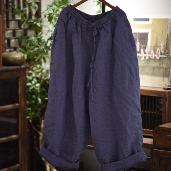 燕燕   色織亞麻雙層腰繩哈倫休閒褲 ab26901 