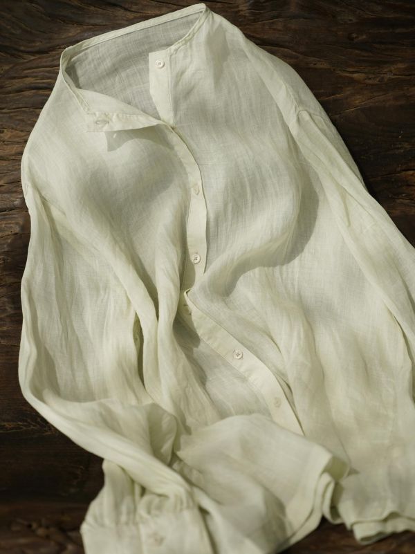 燕燕~春季法式～復古襯衫輕盈薄透寬鬆長袖小圓領苧麻休閒襯衫 ab2632601 