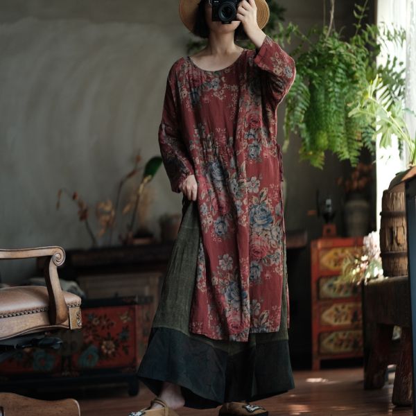 燕燕~棉麻商品~復古紅花側高側抽繩長袍上衣 連身裙。ab151001 