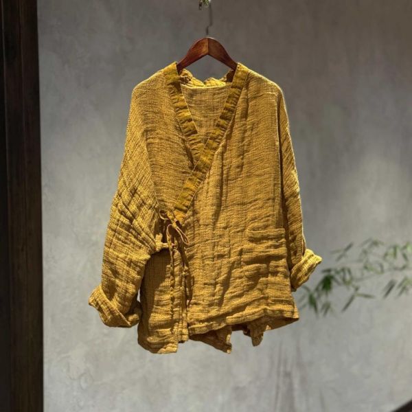 燕燕~高品質粗砂亞麻上衣 休閒復古百搭交領長袖外套 