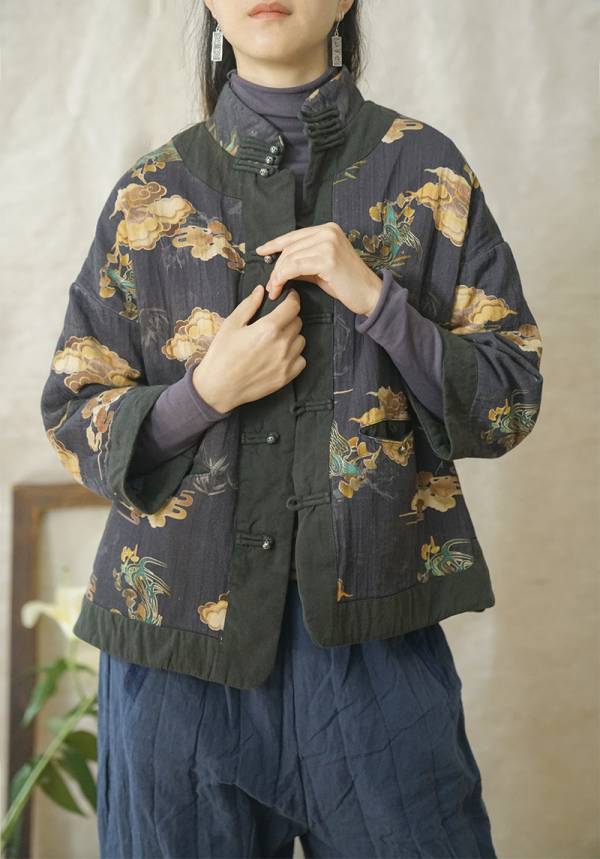 燕燕棉麻～數碼印花款 對襟加厚棉衣外套  ab2143501 