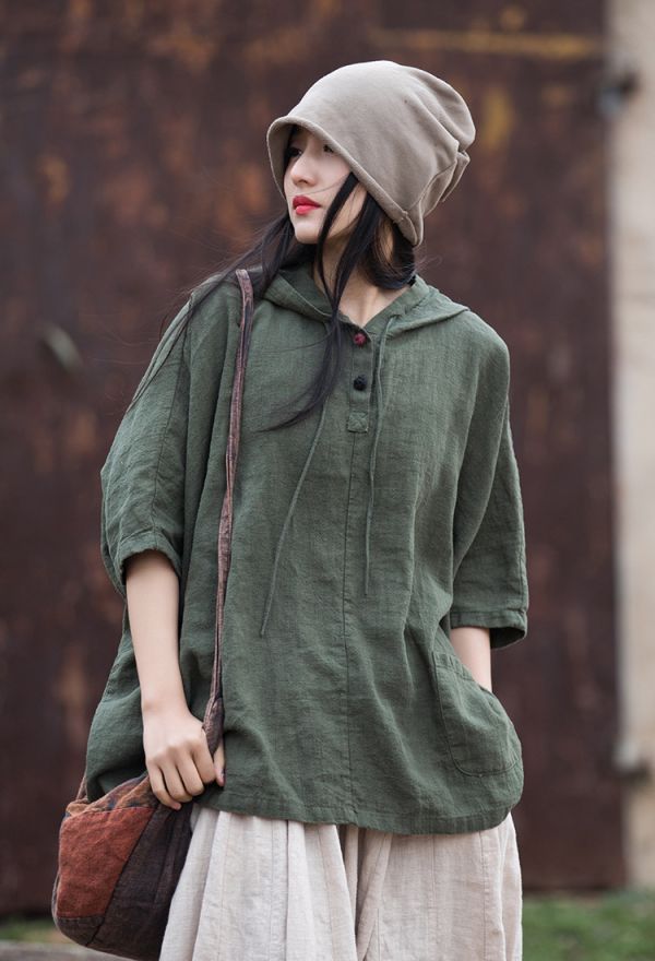燕燕~夏季 苧麻棉 砂洗盤扣連帽防曬上衣  短袖棉麻衫 