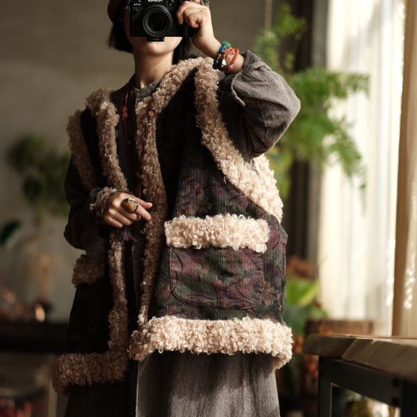 燕燕~復古燈芯絨羊捲毛大口袋夾棉加厚背心 ab222301 