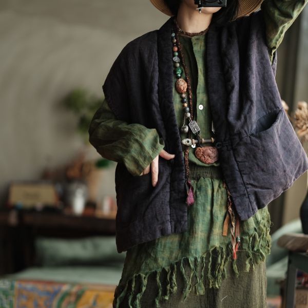 燕燕~棉麻商品~純亞麻  衍線寬鬆百搭落肩夾棉坎肩背心棉麻杉  an192901 