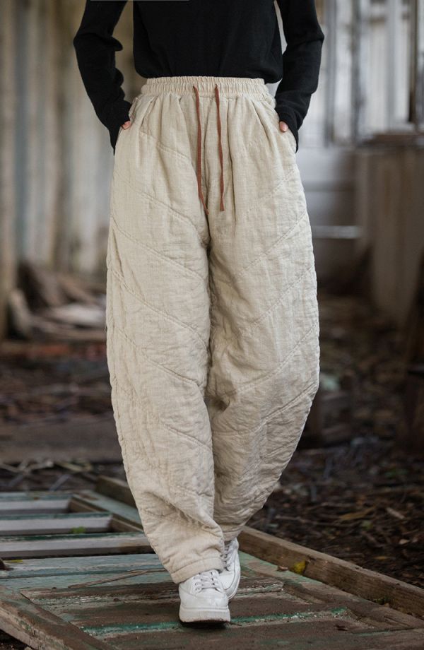 燕燕~冬季新款 苧麻夾棉絎縫炒色褲子 文藝百搭鬆緊腰女式長褲 棉褲 