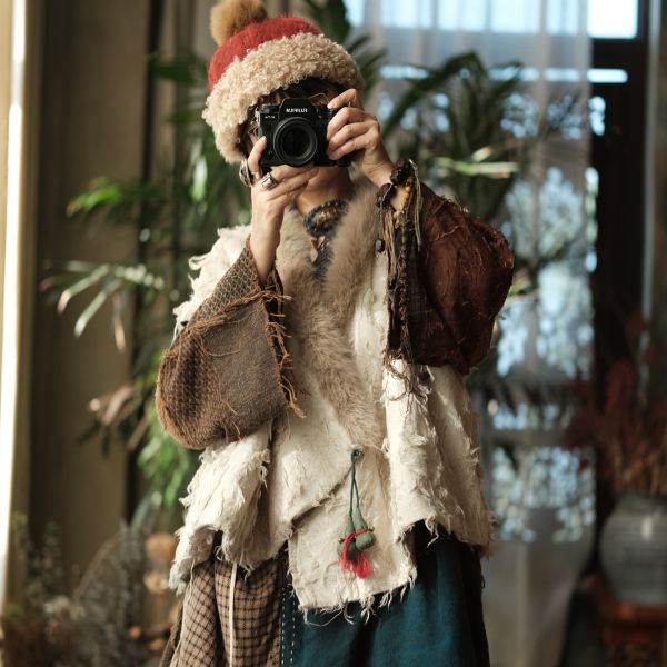 燕燕~復古毛邊做舊棉麻氛圍感小眾皮草毛領背心 ab226201 