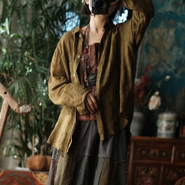 燕燕~復古水洗苧麻寬鬆襯衫 文藝穿搭開襟衫 ab204001 (可搭一套） 