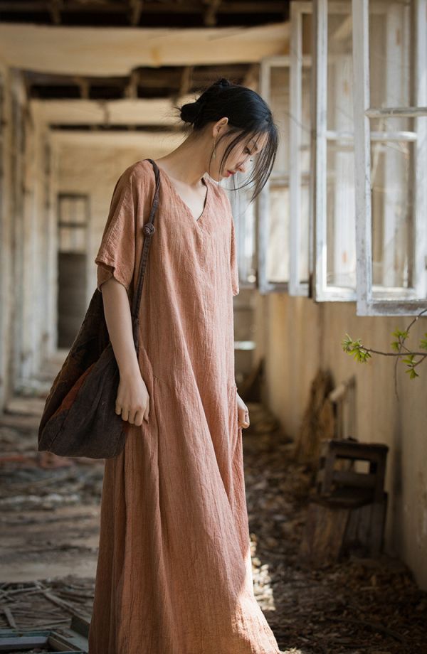 燕燕~亞麻~夏季棉薄款   紮染文藝長裙 洋裝 連身裙 