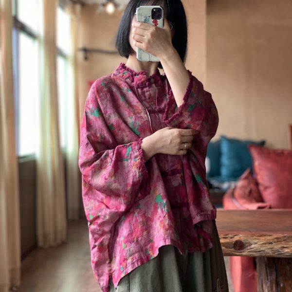 燕燕~棉麻商品~夏季新款 水洗純苧麻 數碼印花對襟小衫 上衣 長袖棉麻衫  ab206101 