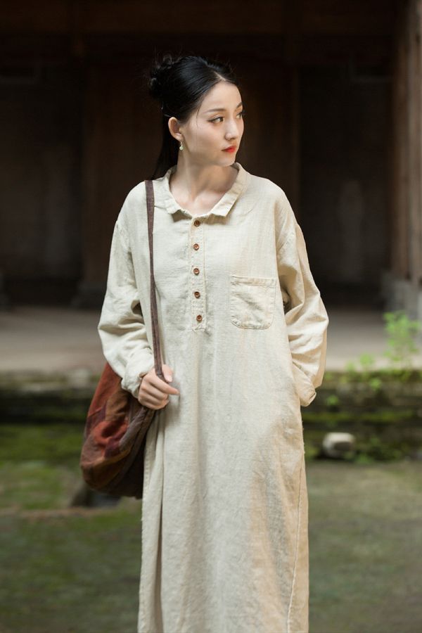 燕燕~秋季新款 莧麻磨毛砂洗炒色女禪意長袍洋裝 連身裙 